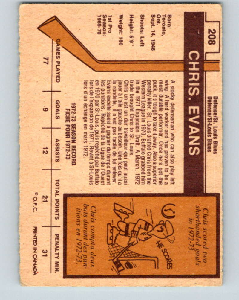 1973-74 O-Pee-Chee #208 Chris Evans St. Louis Blues V8557
