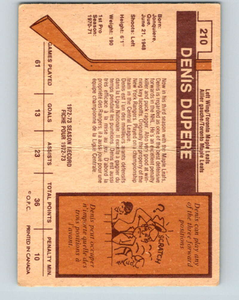 1973-74 O-Pee-Chee #210 Denis Dupere Toronto Maple Leafs V8567