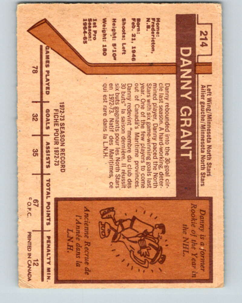 1973-74 O-Pee-Chee #214 Danny Grant Minnesota North Stars V8573