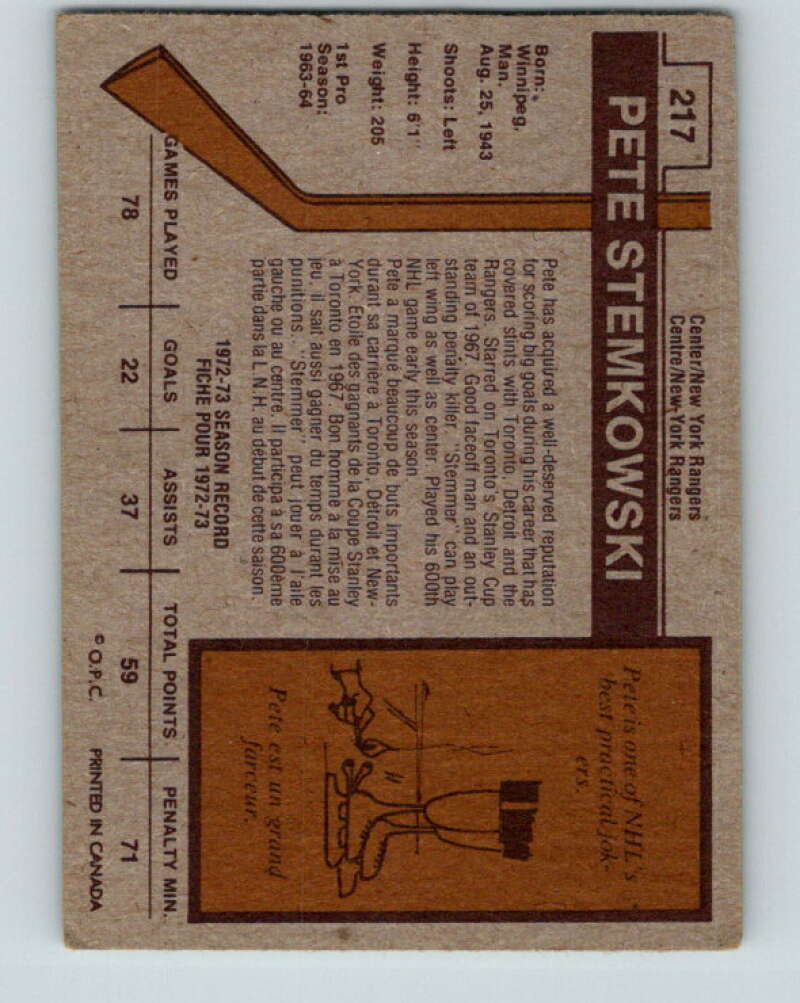 1973-74 O-Pee-Chee #217 Pete Stemkowski New York Rangers V8576