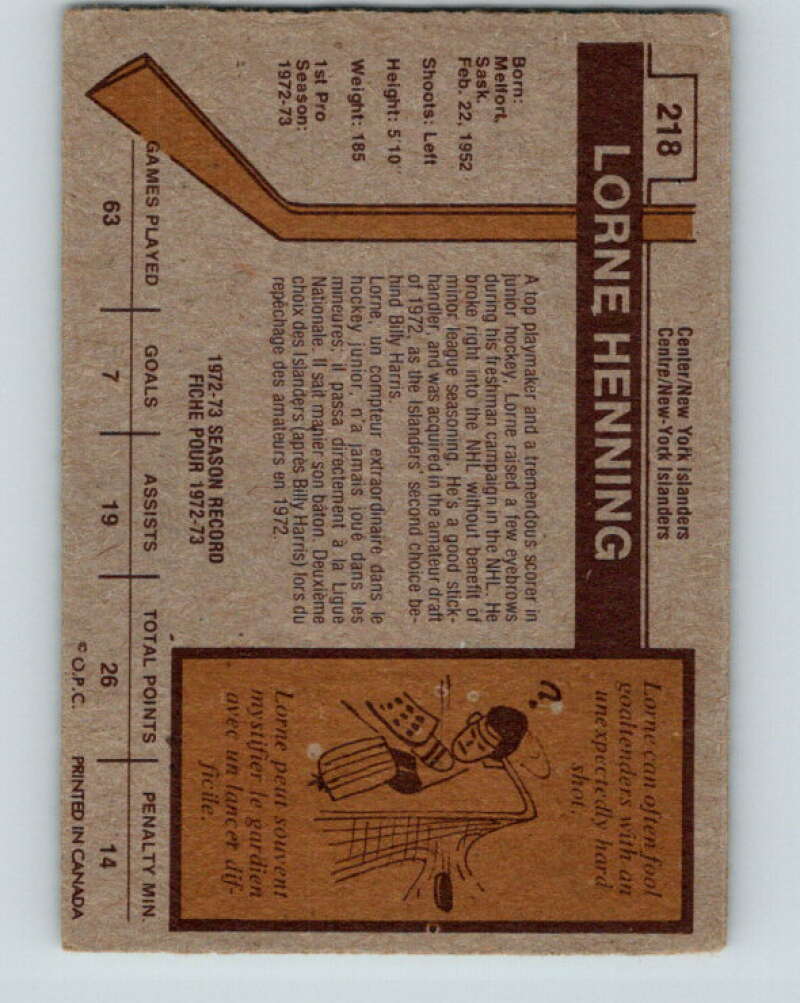 1973-74 O-Pee-Chee #218 Lorne Henning RC Rookie New York Islanders V8577