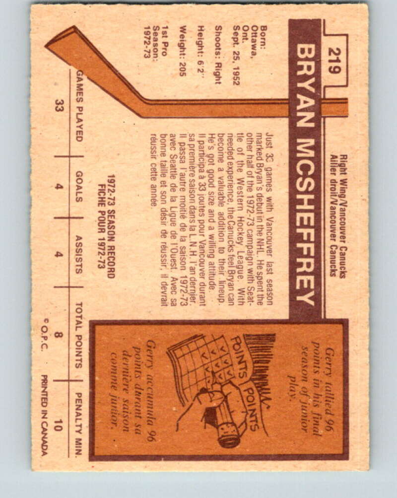 1973-74 O-Pee-Chee #219 Bryan McSheffrey RC Rookie Vancouver Canucks V8578