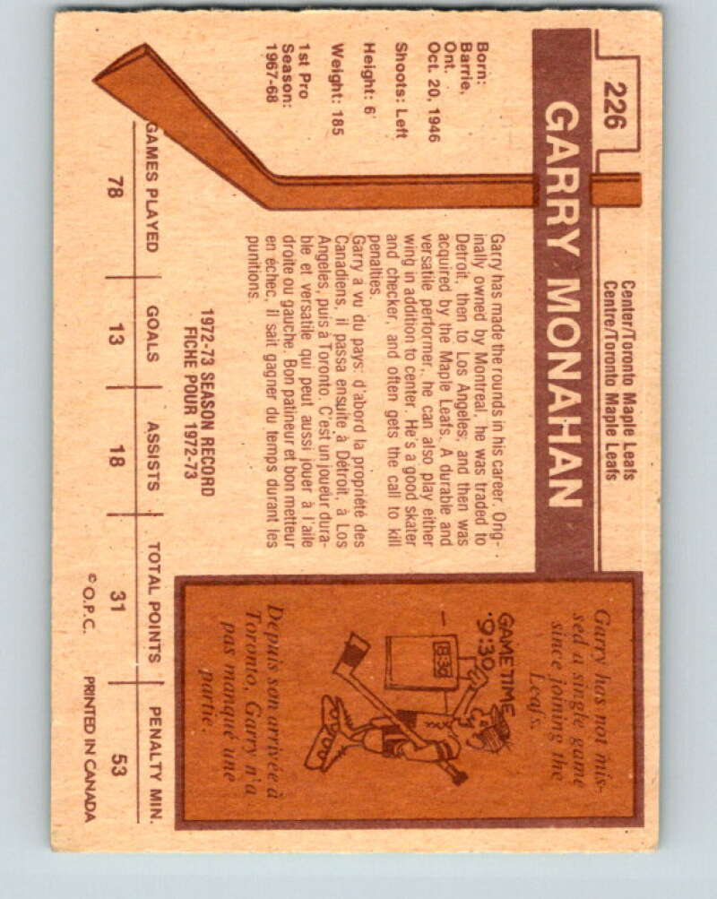 1973-74 O-Pee-Chee #226 Garry Monahan Toronto Maple Leafs V8586