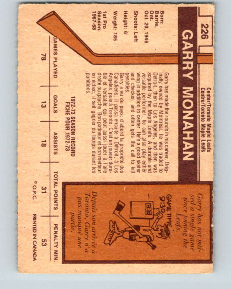 1973-74 O-Pee-Chee #226 Garry Monahan Toronto Maple Leafs V8587