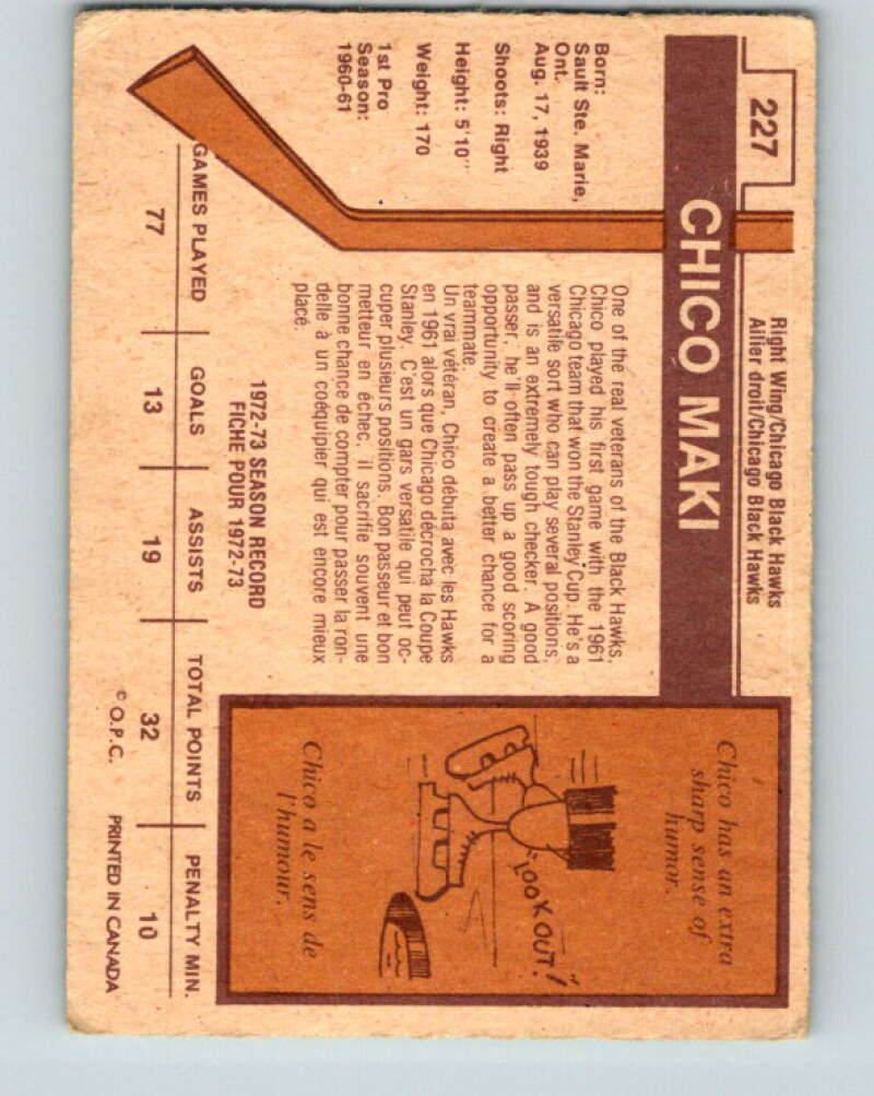 1973-74 O-Pee-Chee #227 Chico Maki Chicago Blackhawks V8590