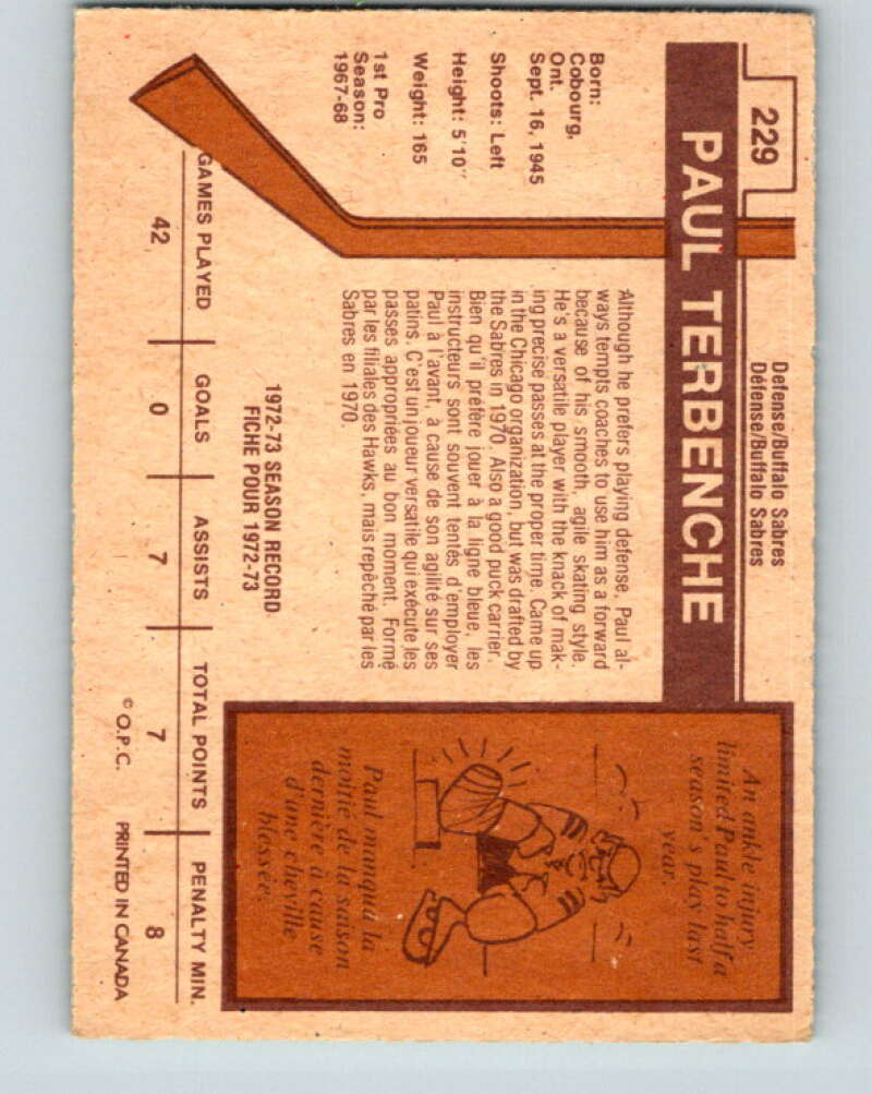 1973-74 O-Pee-Chee #229 Paul Terbenche Buffalo Sabres V8593
