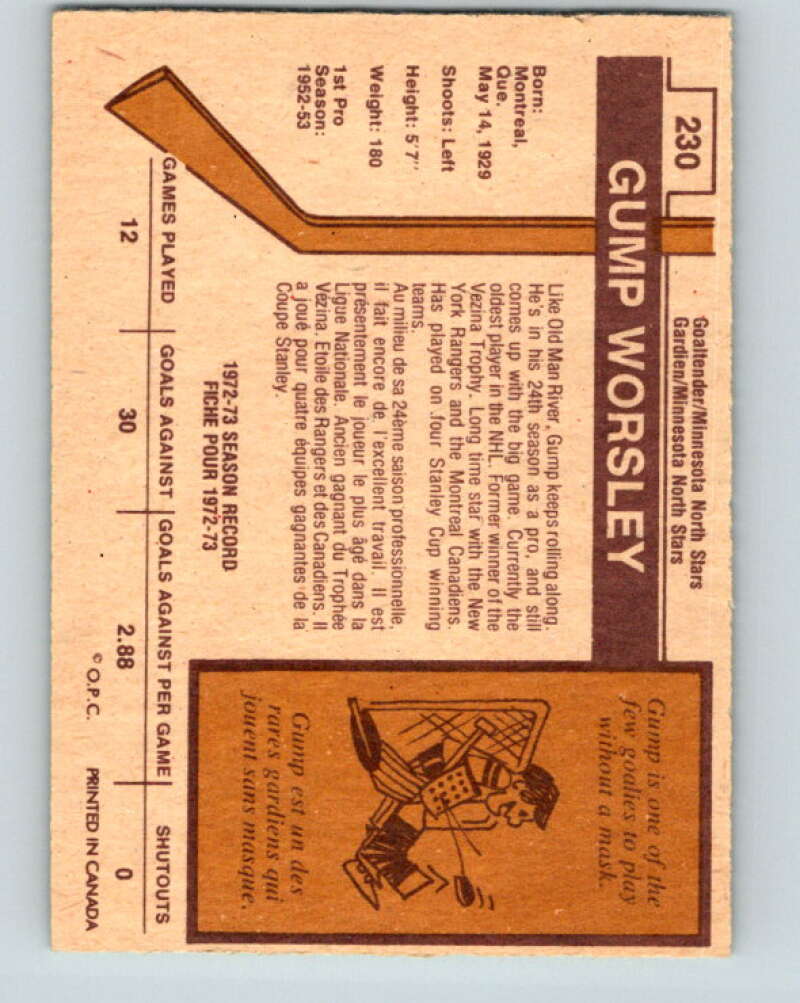 1973-74 O-Pee-Chee #230 Gump Worsley Minnesota North Stars V8594