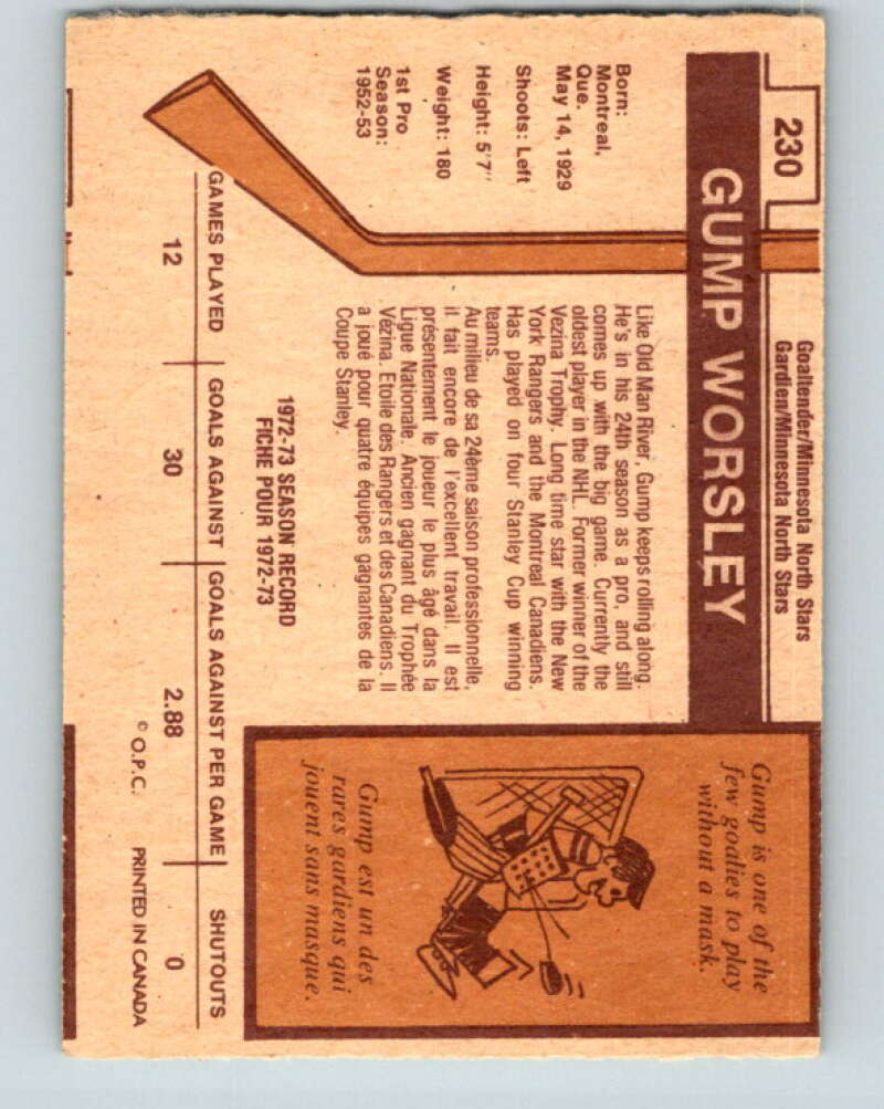1973-74 O-Pee-Chee #230 Gump Worsley Minnesota North Stars V8595