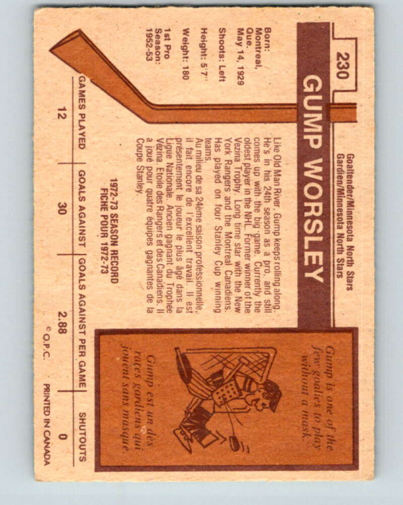 1973-74 O-Pee-Chee #230 Gump Worsley Minnesota North Stars V8596