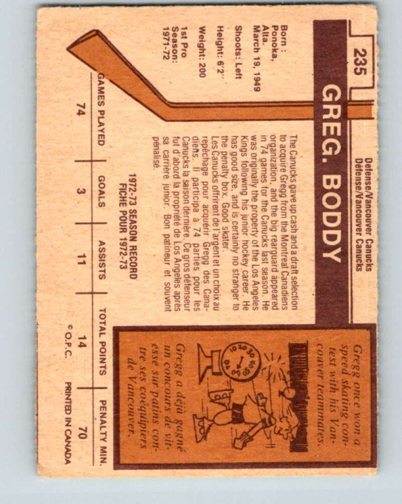 1973-74 O-Pee-Chee #235 Gregg Boddy RC Rookie Vancouver Canucks V8602