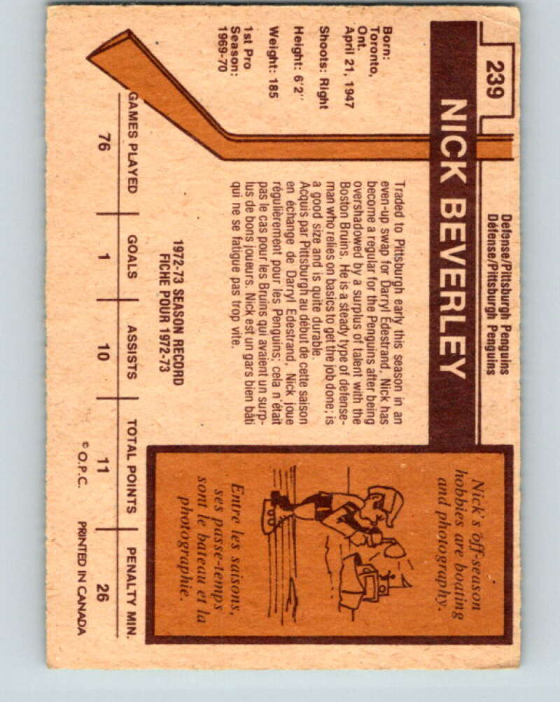 1973-74 O-Pee-Chee #239 Nick Beverley Pittsburgh Penguins V8610