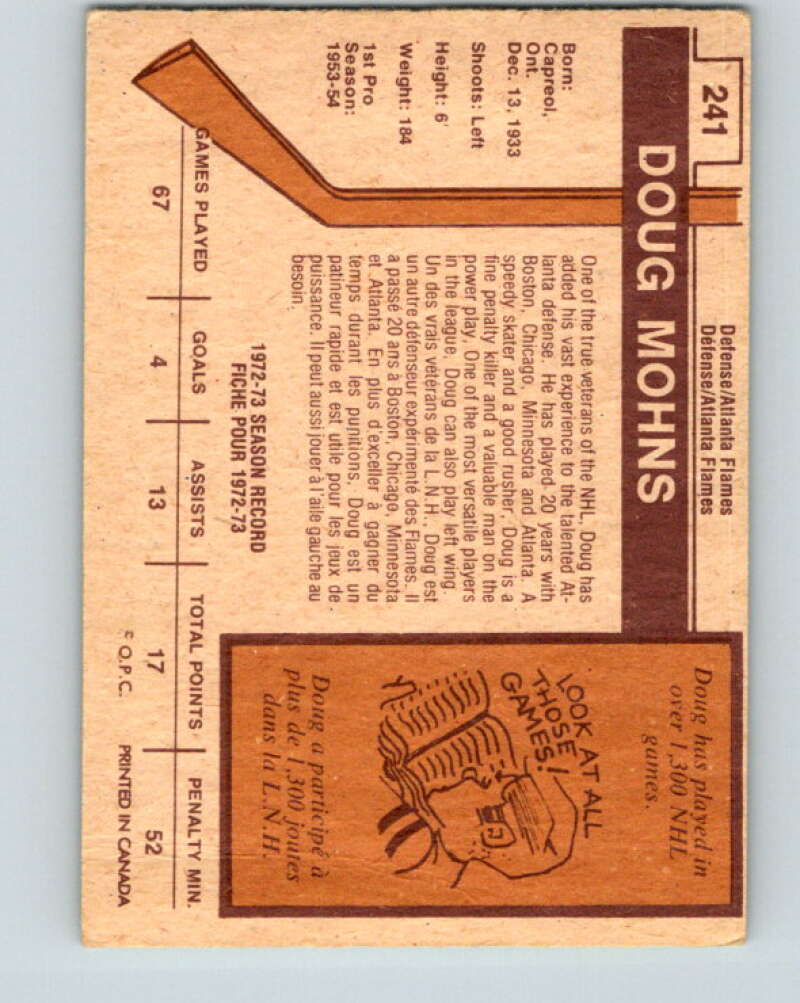 1973-74 O-Pee-Chee #241 Doug Mohns Atlanta Flames V8616
