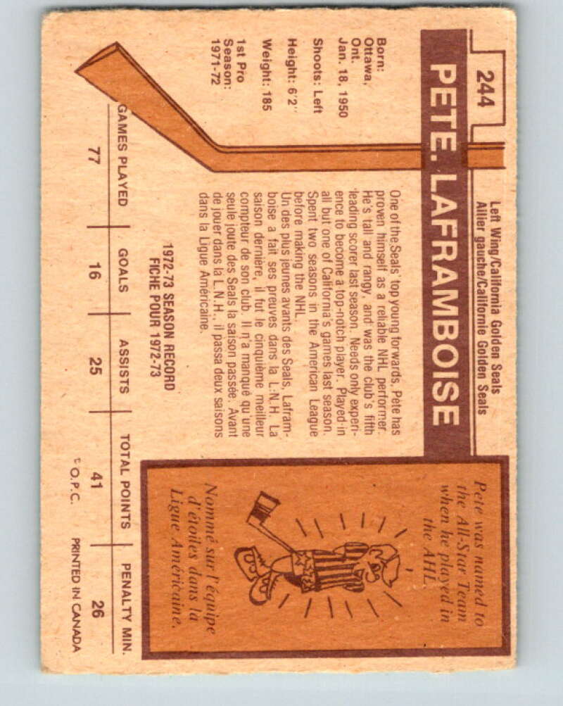 1973-74 O-Pee-Chee #244 Pete Laframboise California Golden Seals V8624