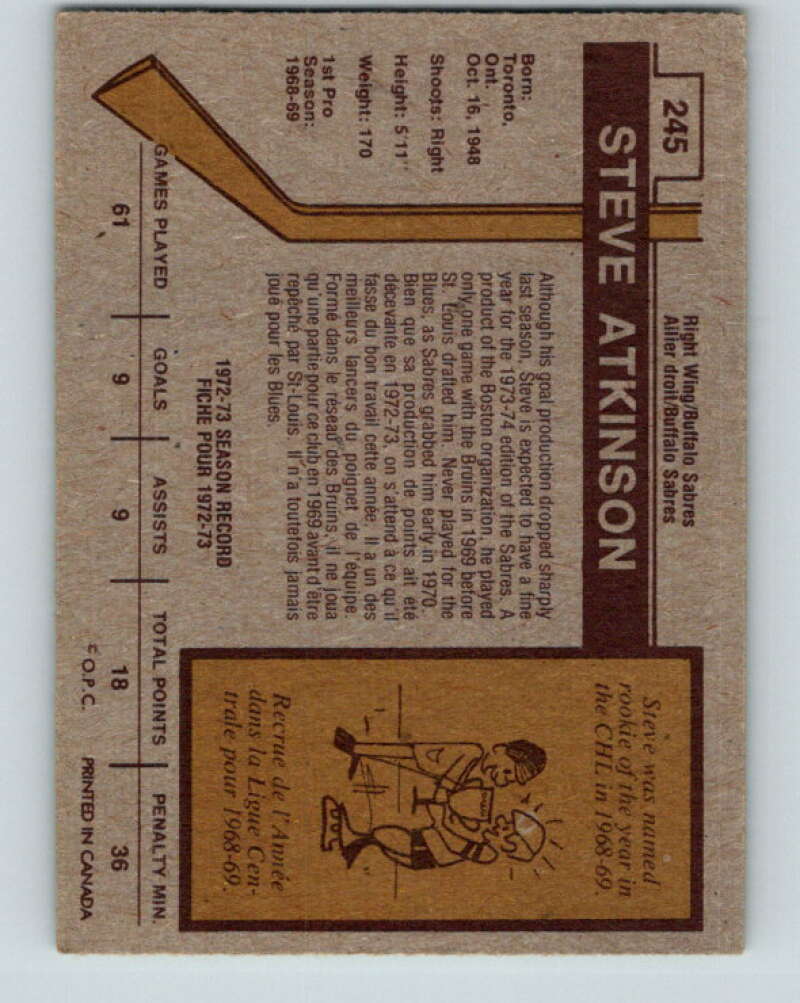 1973-74 O-Pee-Chee #245 Steve Atkinson Buffalo Sabres V8625