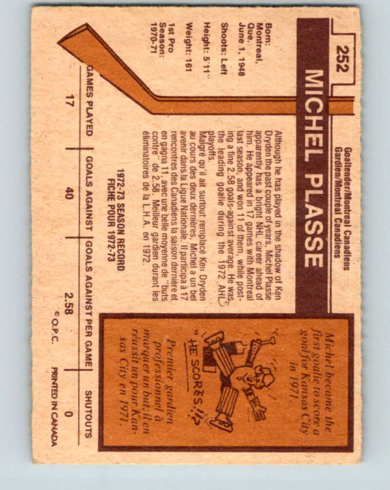 1973-74 O-Pee-Chee #252 Michel Plasse RC Rookie Montreal Canadiens V8629