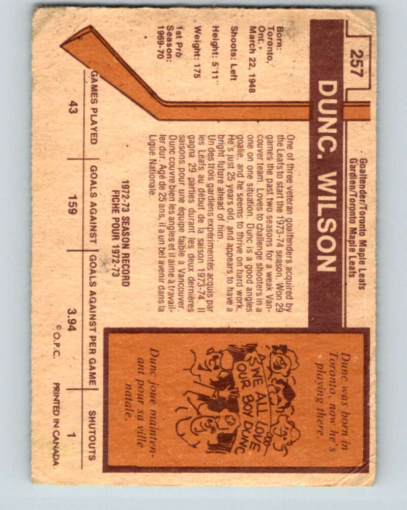 1973-74 O-Pee-Chee #257 Dunc Wilson Toronto Maple Leafs V8635