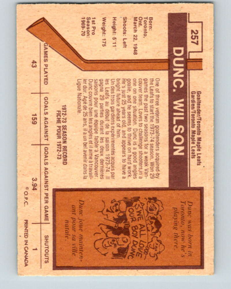 1973-74 O-Pee-Chee #257 Dunc Wilson Toronto Maple Leafs V8636