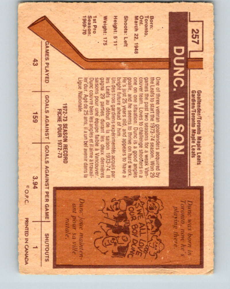 1973-74 O-Pee-Chee #257 Dunc Wilson Toronto Maple Leafs V8637