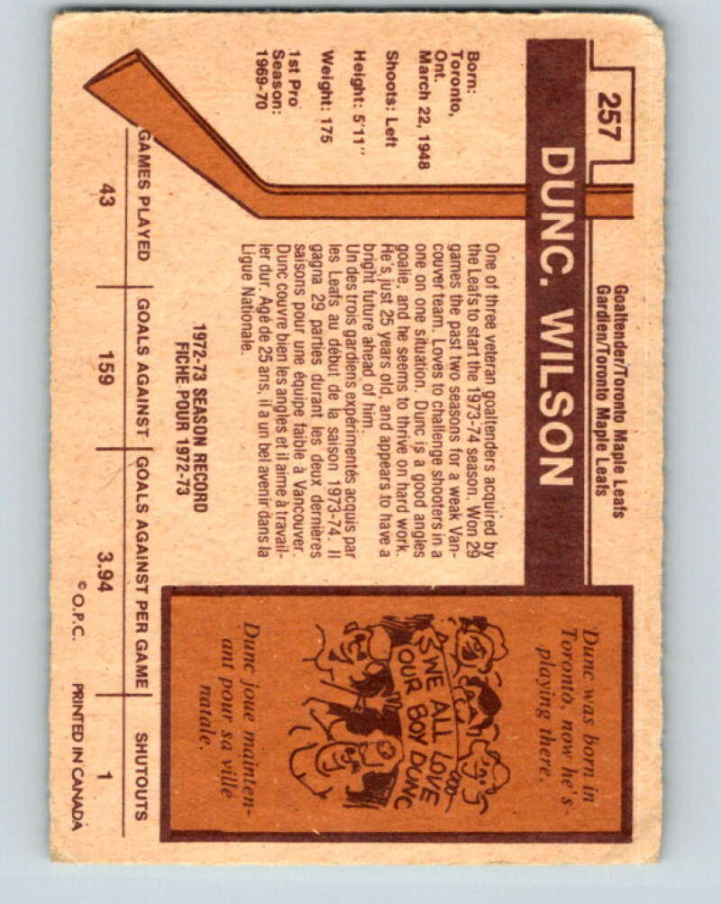 1973-74 O-Pee-Chee #257 Dunc Wilson Toronto Maple Leafs V8639