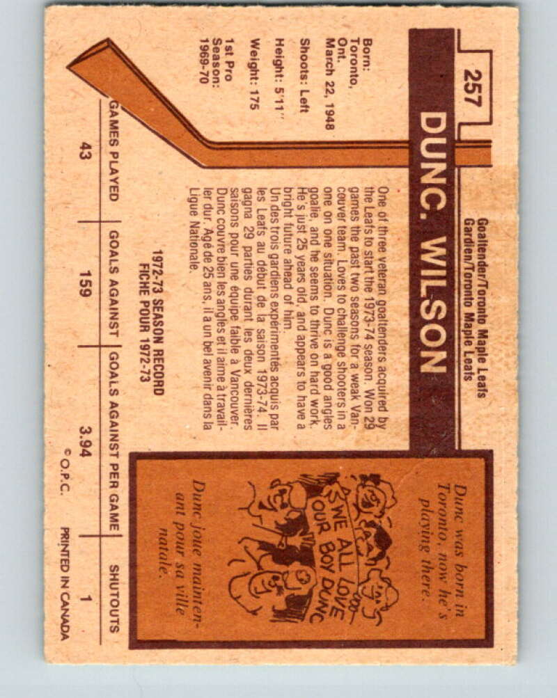 1973-74 O-Pee-Chee #257 Dunc Wilson Toronto Maple Leafs V8640