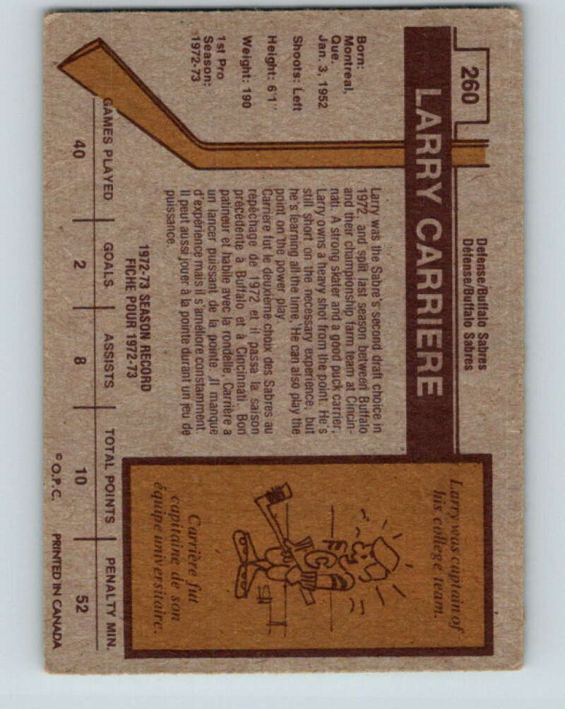 1973-74 O-Pee-Chee #260 Larry Carriere Buffalo Sabres V8642