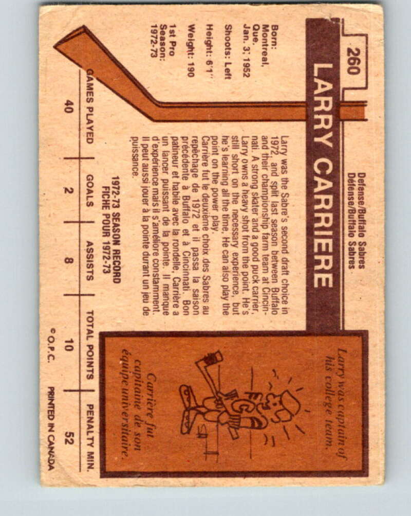 1973-74 O-Pee-Chee #260 Larry Carriere Buffalo Sabres V8643