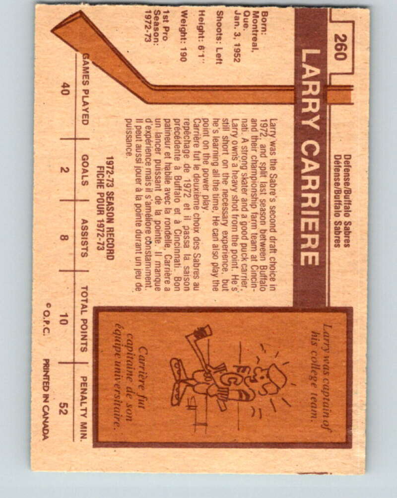 1973-74 O-Pee-Chee #260 Larry Carriere Buffalo Sabres V8644