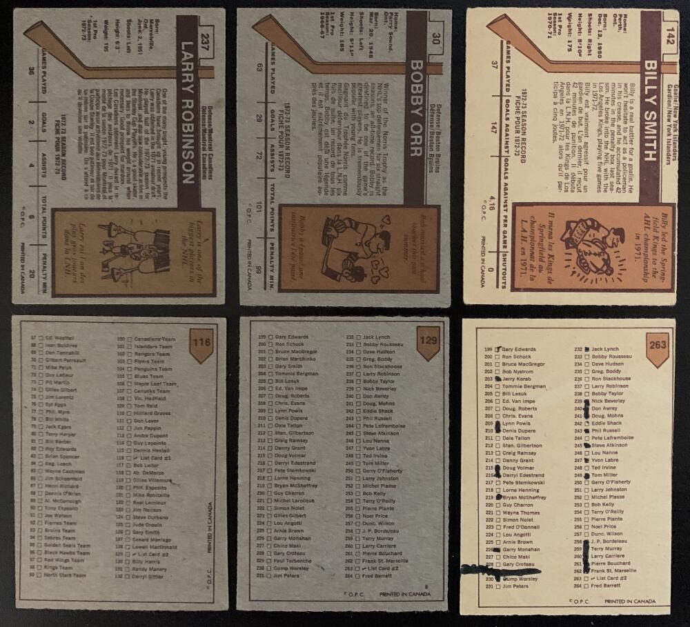 1973-74 O-Pee-Chee NHL Hockey Complete Set 1-264 Robinson RC *0172