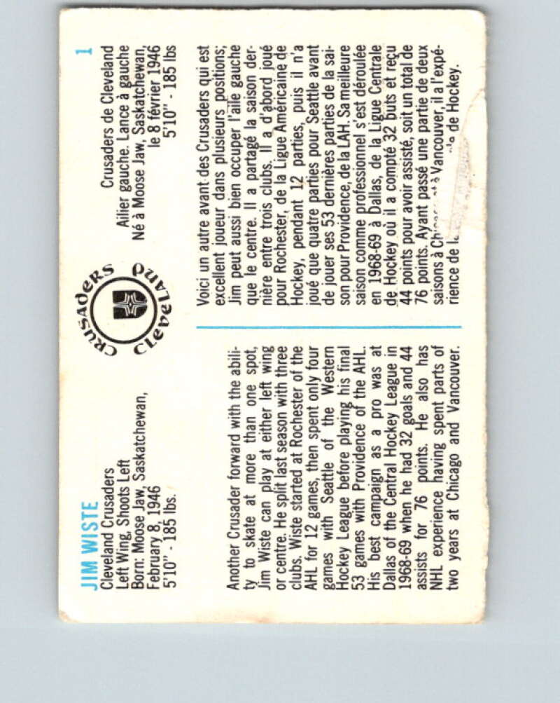 1973-74 Quaker Oats WHA #1 Jim Wiste Cleveland Crusaders V8898