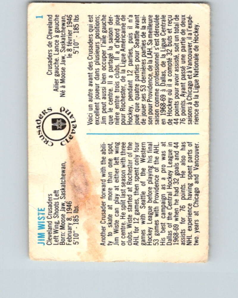 1973-74 Quaker Oats WHA #1 Jim Wiste Cleveland Crusaders V8899