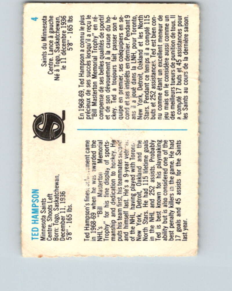 1973-74 Quaker Oats WHA #4 Ted Hampson Minnesota V8903