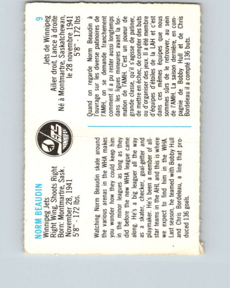 1973-74 Quaker Oats WHA #9 Norm Beaudin Winnipeg Jets V8907