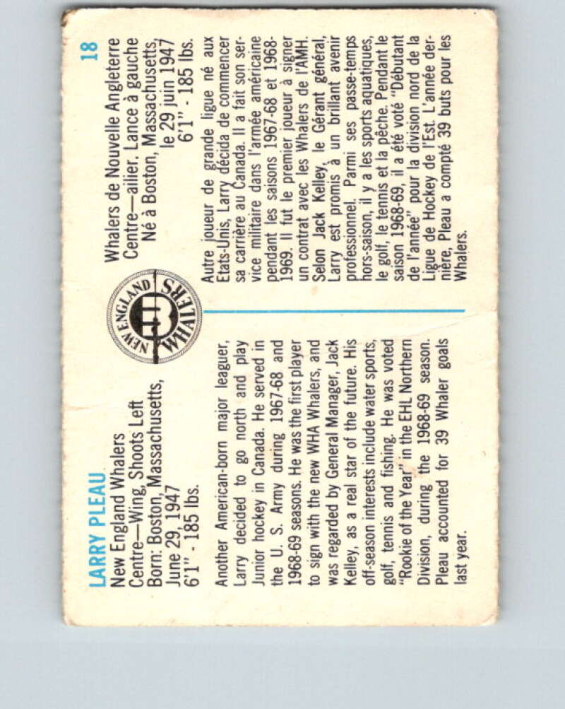 1973-74 Quaker Oats WHA #18 Larry Pleau New England Whalers V8913