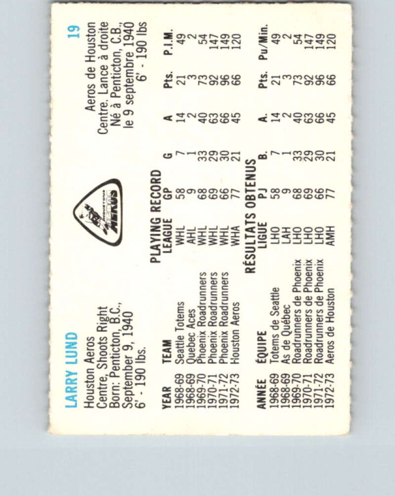 1973-74 Quaker Oats WHA #19 Larry Lund Houston Aeros V8914