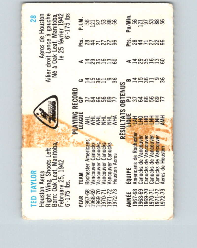 1973-74 Quaker Oats WHA #28 Ted Taylor Houston Aeros V8924