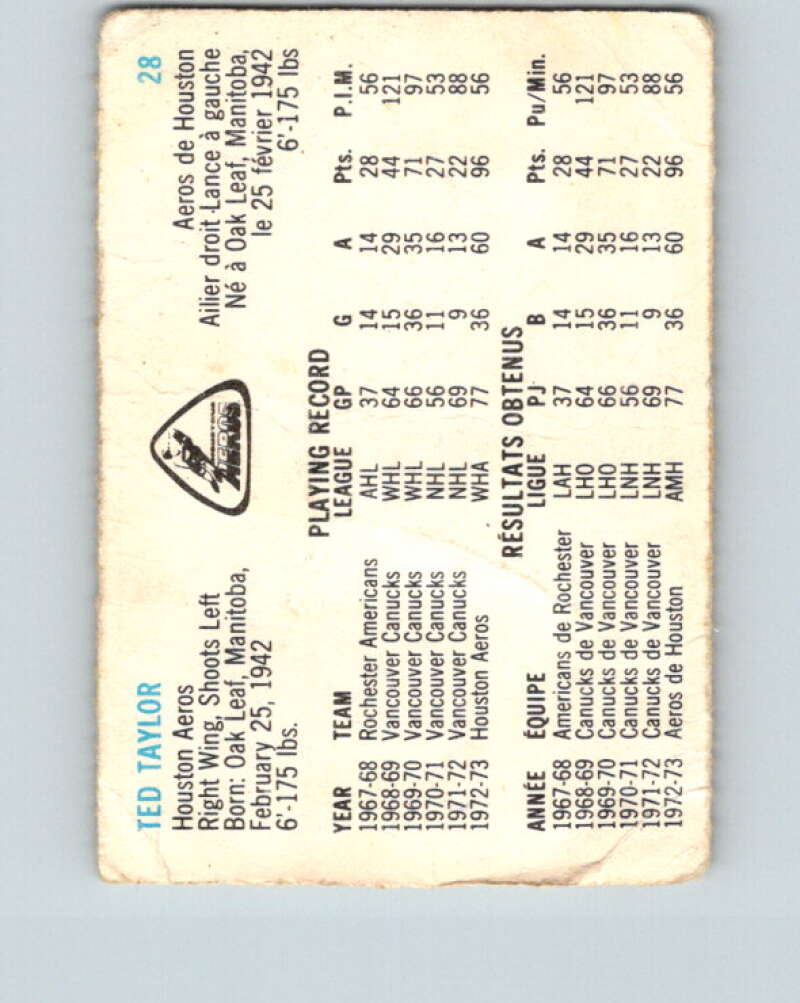 1973-74 Quaker Oats WHA #28 Ted Taylor Houston Aeros V8925