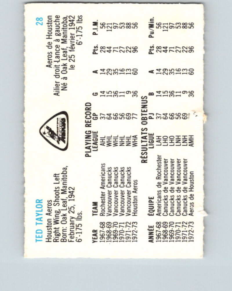 1973-74 Quaker Oats WHA #28 Ted Taylor Houston Aeros V8926