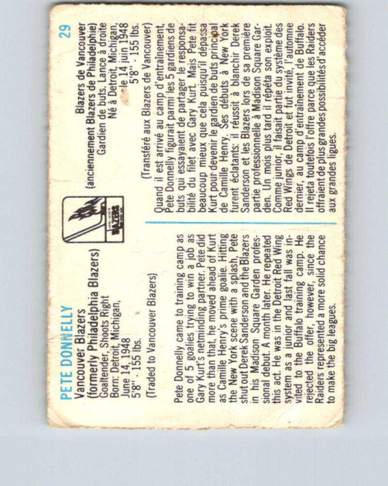 1973-74 Quaker Oats WHA #29 Pete Donnelly Vancouver Blazers V8927
