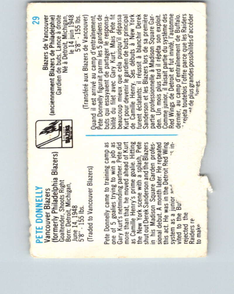 1973-74 Quaker Oats WHA #29 Pete Donnelly Vancouver Blazers V8928