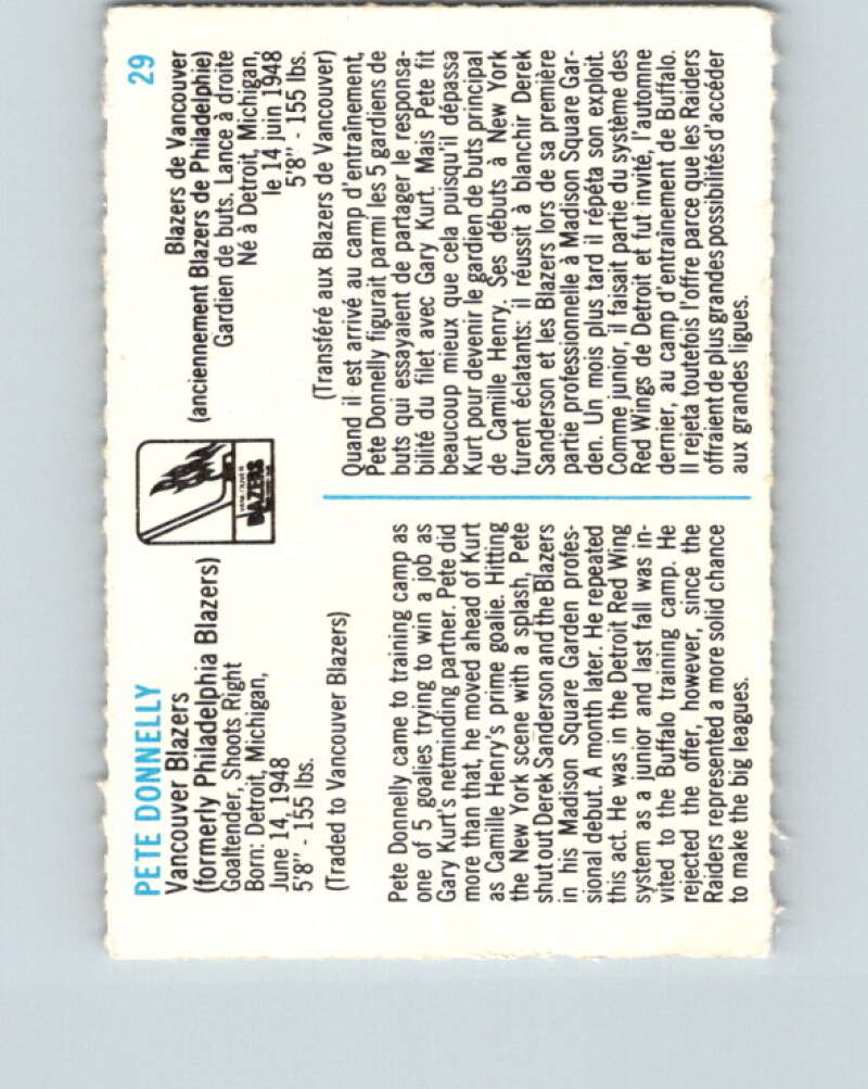 1973-74 Quaker Oats WHA #29 Pete Donnelly Vancouver Blazers V8929