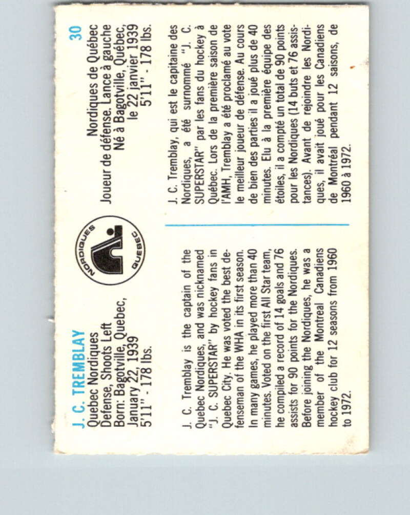 1973-74 Quaker Oats WHA #30 J.C. Tremblay Quebec Nordiques V8930