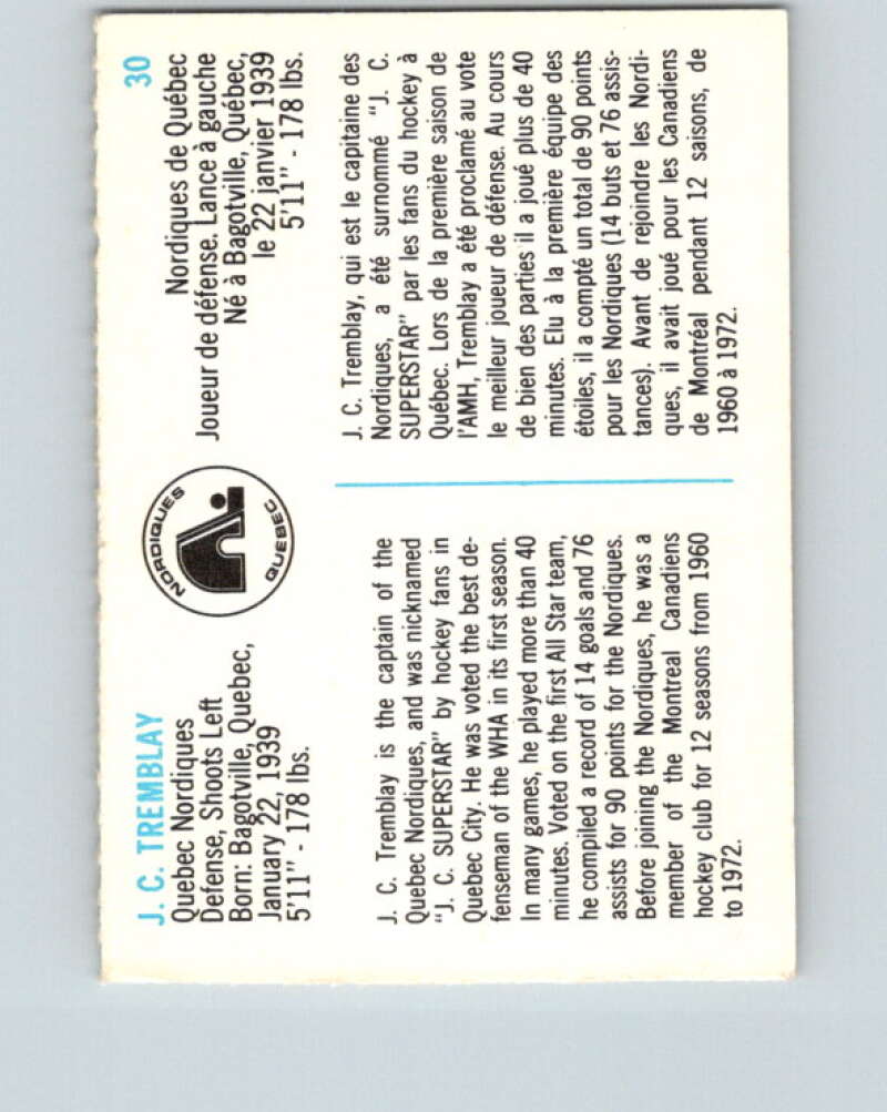1973-74 Quaker Oats WHA #30 J.C. Tremblay Quebec Nordiques V8931