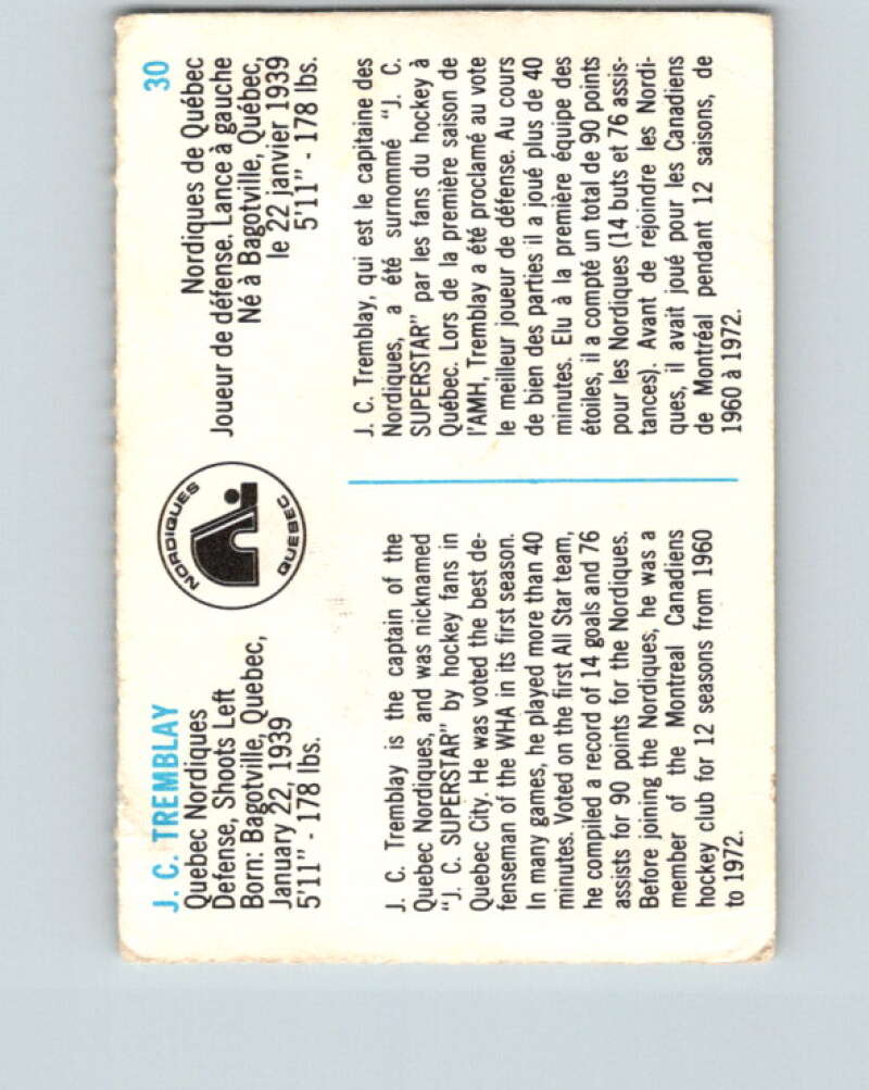 1973-74 Quaker Oats WHA #30 J.C. Tremblay Quebec Nordiques V8932