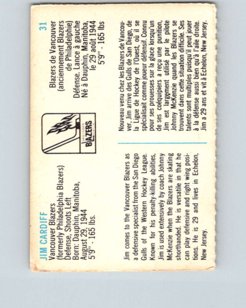 1973-74 Quaker Oats WHA #31 Jim Cardiff Vancouver Blazers V8933