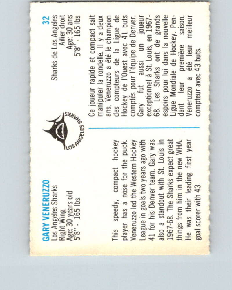 1973-74 Quaker Oats WHA #32 Gary Veneruzzo Los Angeles V8935