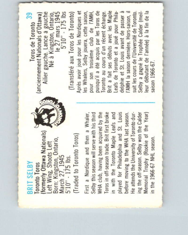 1973-74 Quaker Oats WHA #39 Brit Selby Toronto Toros V8944