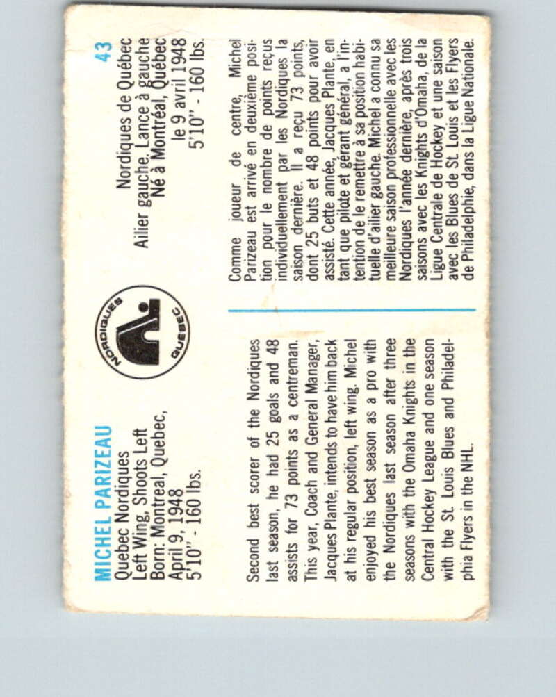 1973-74 Quaker Oats WHA #43 Michel Parizeau Quebec V8948