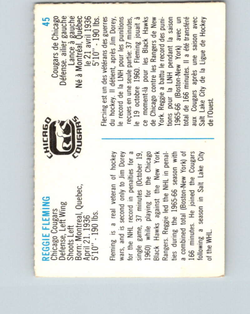 1973-74 Quaker Oats WHA #45 Reg Fleming Chicago Cougars V8950