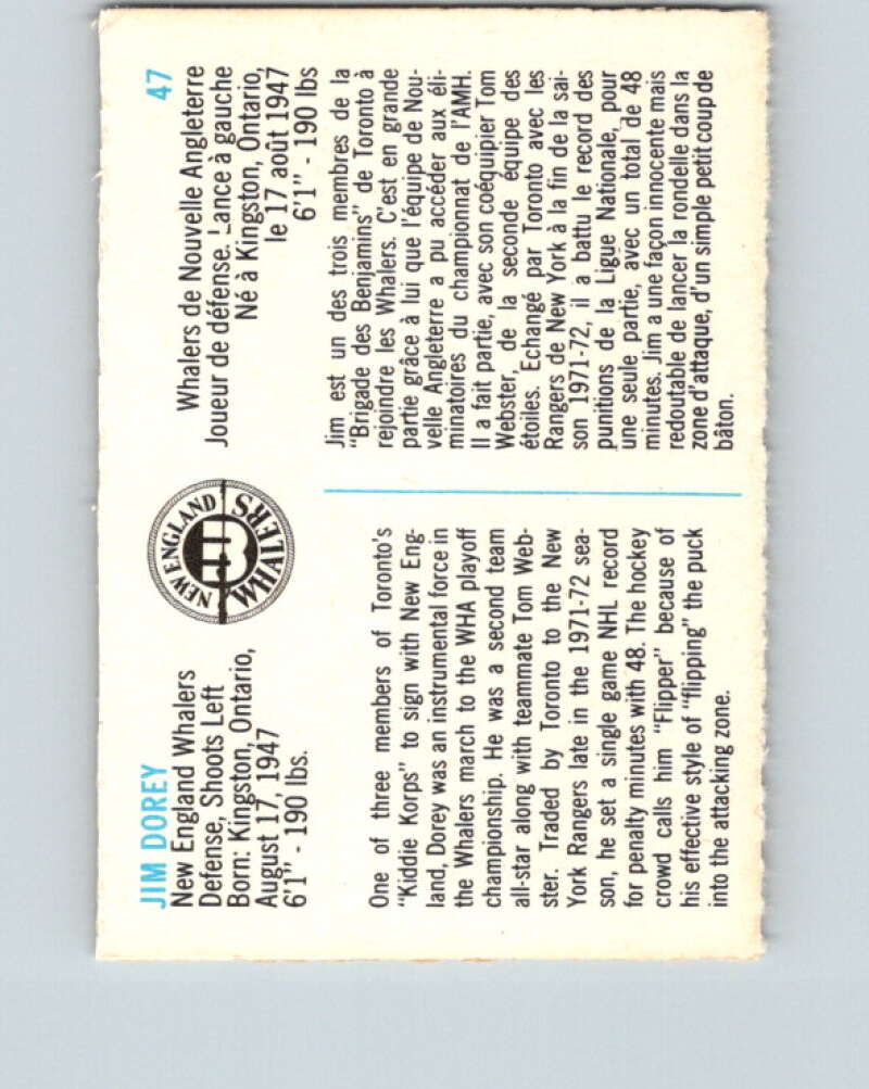 1973-74 Quaker Oats WHA #47 Jim Dorey New England Whalers V8953