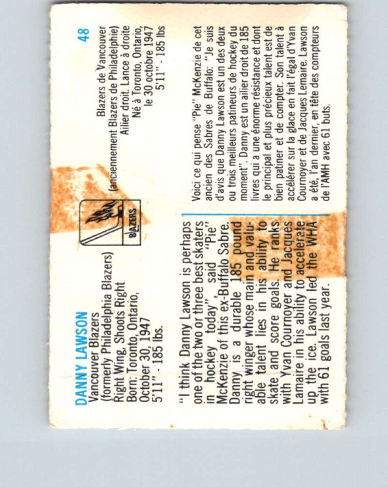 1973-74 Quaker Oats WHA #48 Danny Lawson Vancouver Blazers V8955